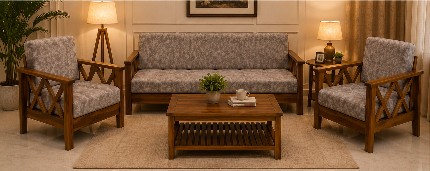 Teakwood 3+1+1-Seater Fabric Sofa