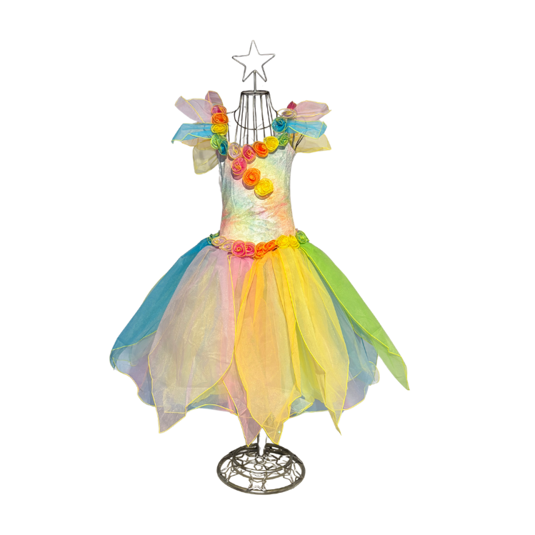 Regenbogen Feenkleid für Kinder mit Tüllrock und Rosettenverzierungen