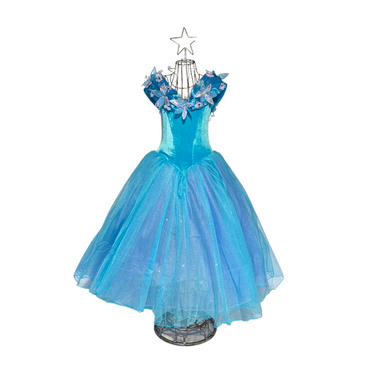 Türkises Prinzessinnenkleid für Kinder mit schimmerndem Tüllrock und zarten Organza-Blüten, Vorderseite