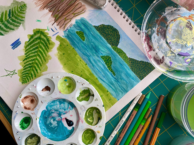 Children's book illustrations of forest and sea