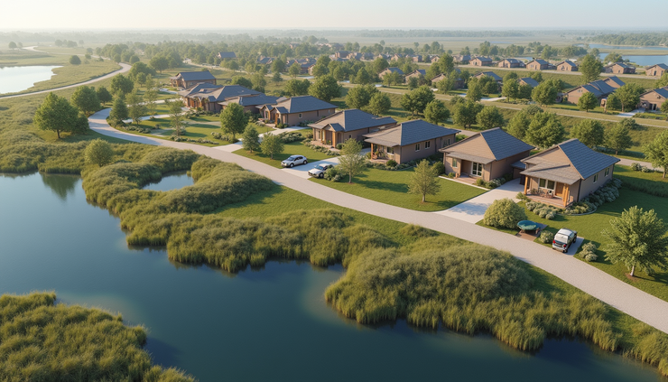 Eye-level view of a detailed site plan showing a tiny home community layout with green spaces and water features