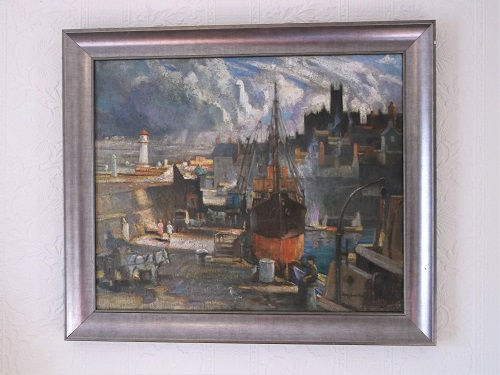 Newlyn harbour Oil painting on canvas by Tom Anderton.