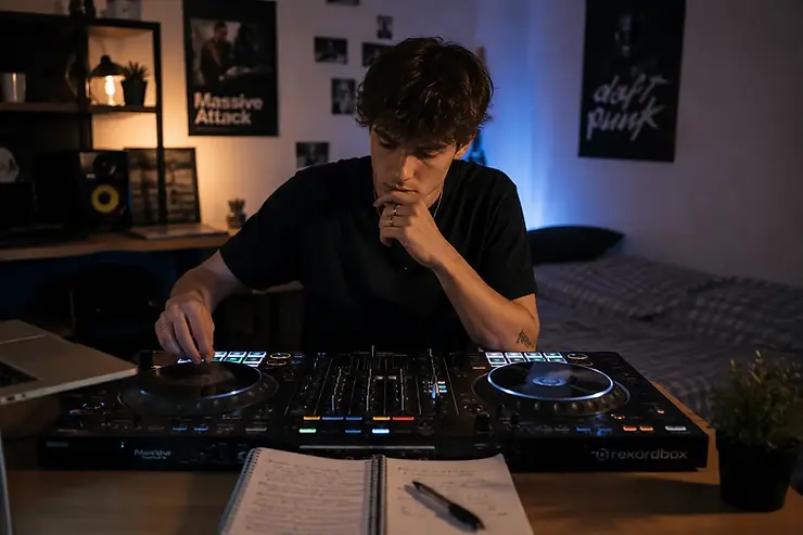 Débutant apprenant a mixer seul chez lui sur un contrôleur