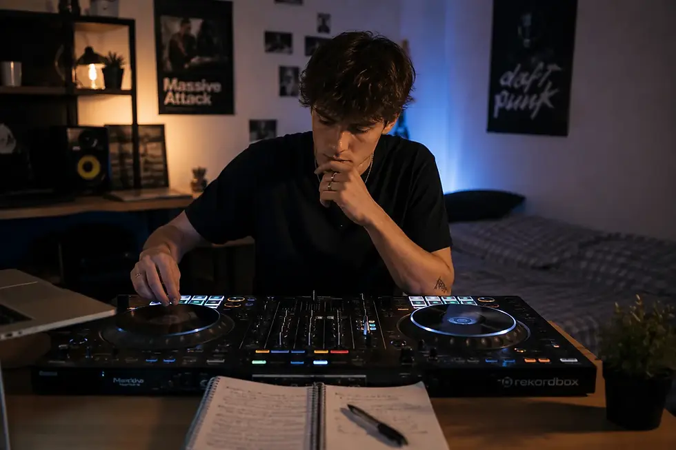 Débutant apprenant le DJ seul chez lui sur un contrôleur