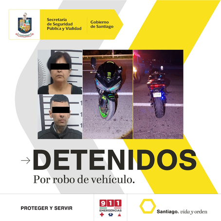 PAREJA TRATA DE CRUZAR FILTRO DE SEGURIDAD A BORDO DE MOTO ROBADA; POLICÍA DE SANTIAGO LA DETIENE
