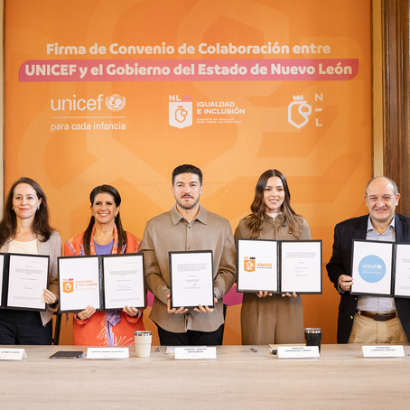 Firman Samuel y Mariana convenio de colaboración entre UNICEF y Gobierno; fortalecen protección social de infancias