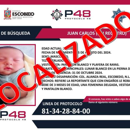 Recuperan a bebé desaparecido en Escobedo
