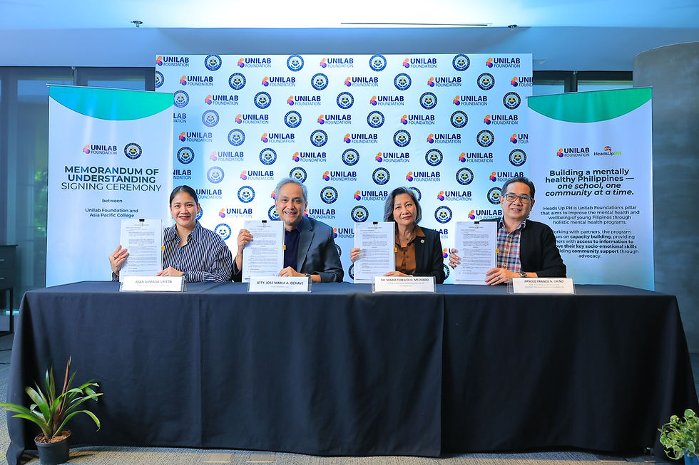 From left to right: Ms. Joan Armada-Urieta, Program Director for Heads Up PH, Unilab Foundation, Inc., Atty. Jose Maria A. Ochave, Executive Director of Unilab Foundation, Inc., Dr. Ma. Teresita P. Medado, President of Asia Pacific Technology Educational Foundation, Inc., Mr. Arnold Francis N. Oriño, Head of the Counselling and Wellbeing Center of Asia Pacific Technology Educational Foundation, Inc.
