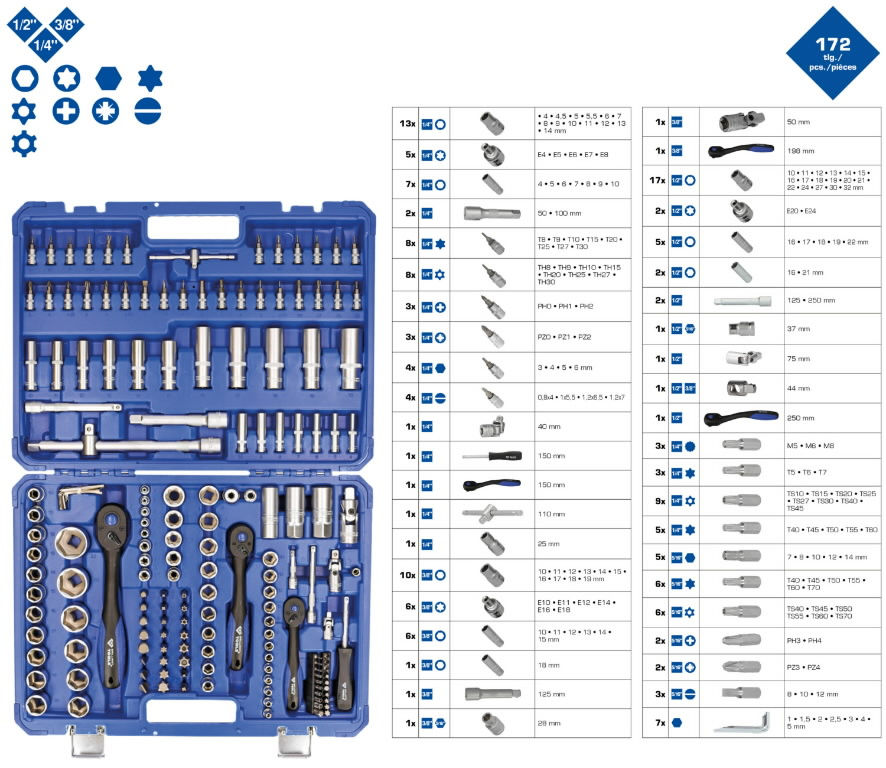Pikkukuva: Brilliant Tools hylsysarja, 1/4", 3/8", 1/2", 172 osaa