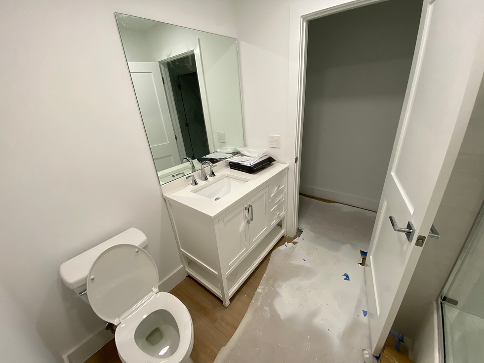 Modern white bathroom remodel with new vanity, door, shower, and toilet