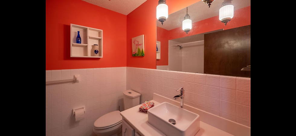 Original bathroom remodel with orange walls and vessel sink