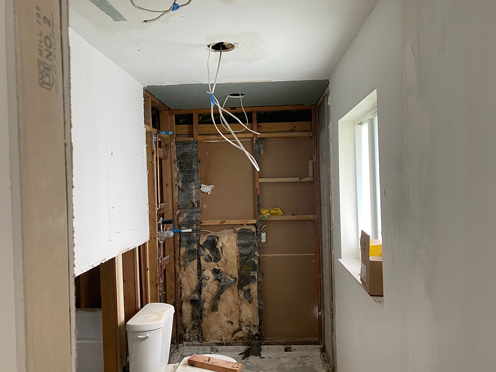 Bathroom remodel with exposed wall framing and wiring.