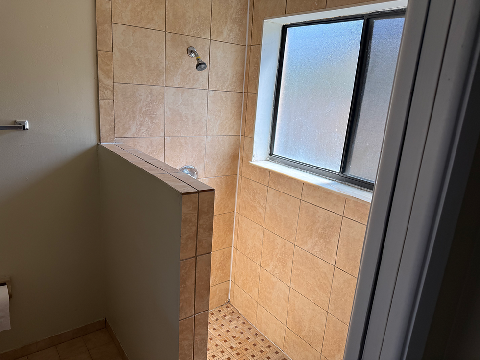 Outdated tiled shower remodel with frosted window.