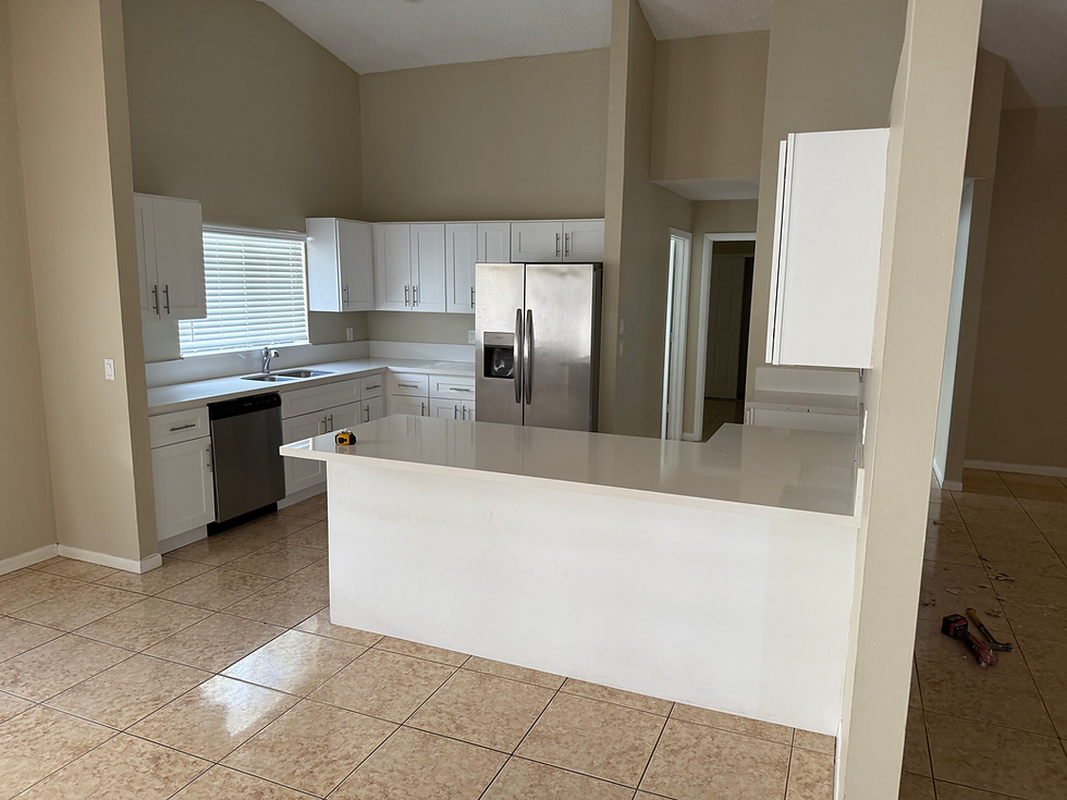Modern kitchen remodel with white cabinets and island.