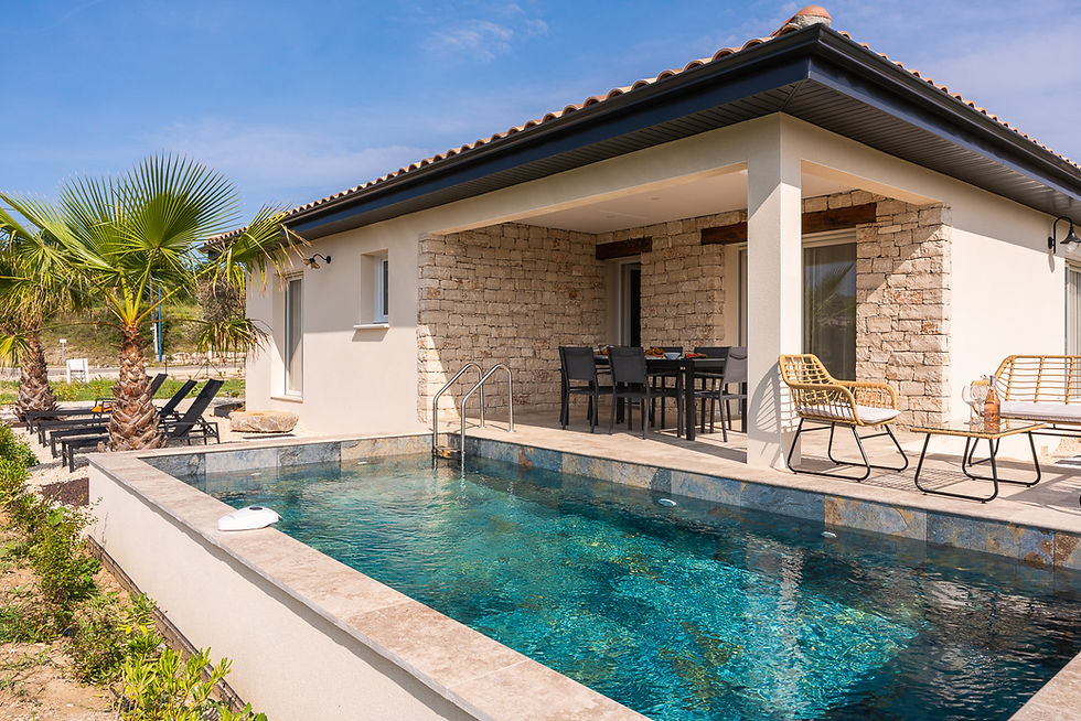 Modern villa patio with pool to reserve your sanctuary.