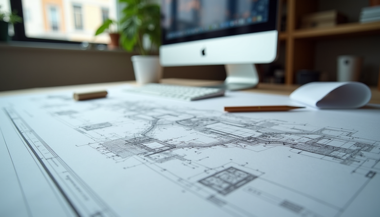 Eye-level view of detailed architectural blueprint on a drafting table