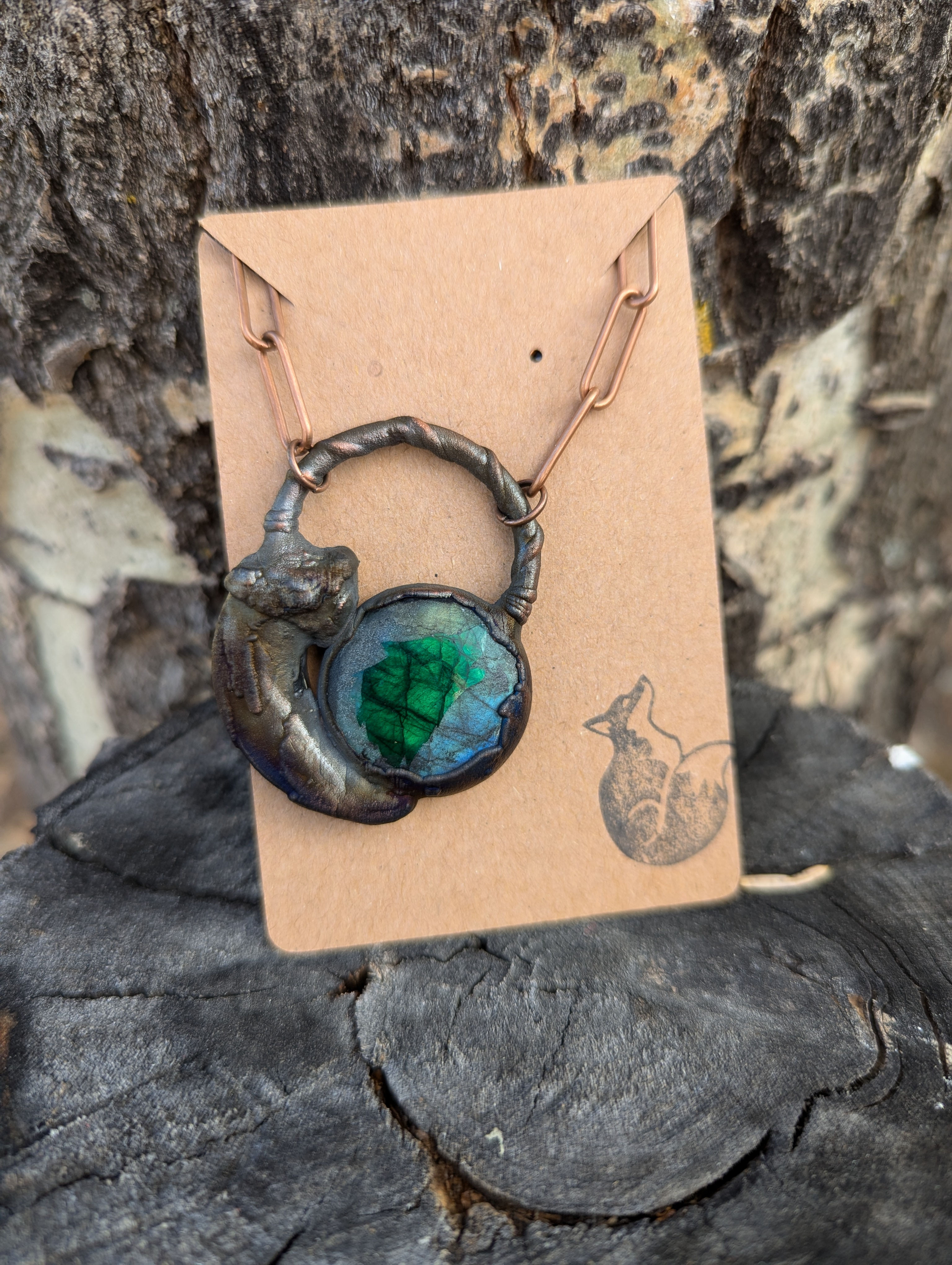 Green Labradorite Wolf and Hand Sculpted Wolf Claw Necklace