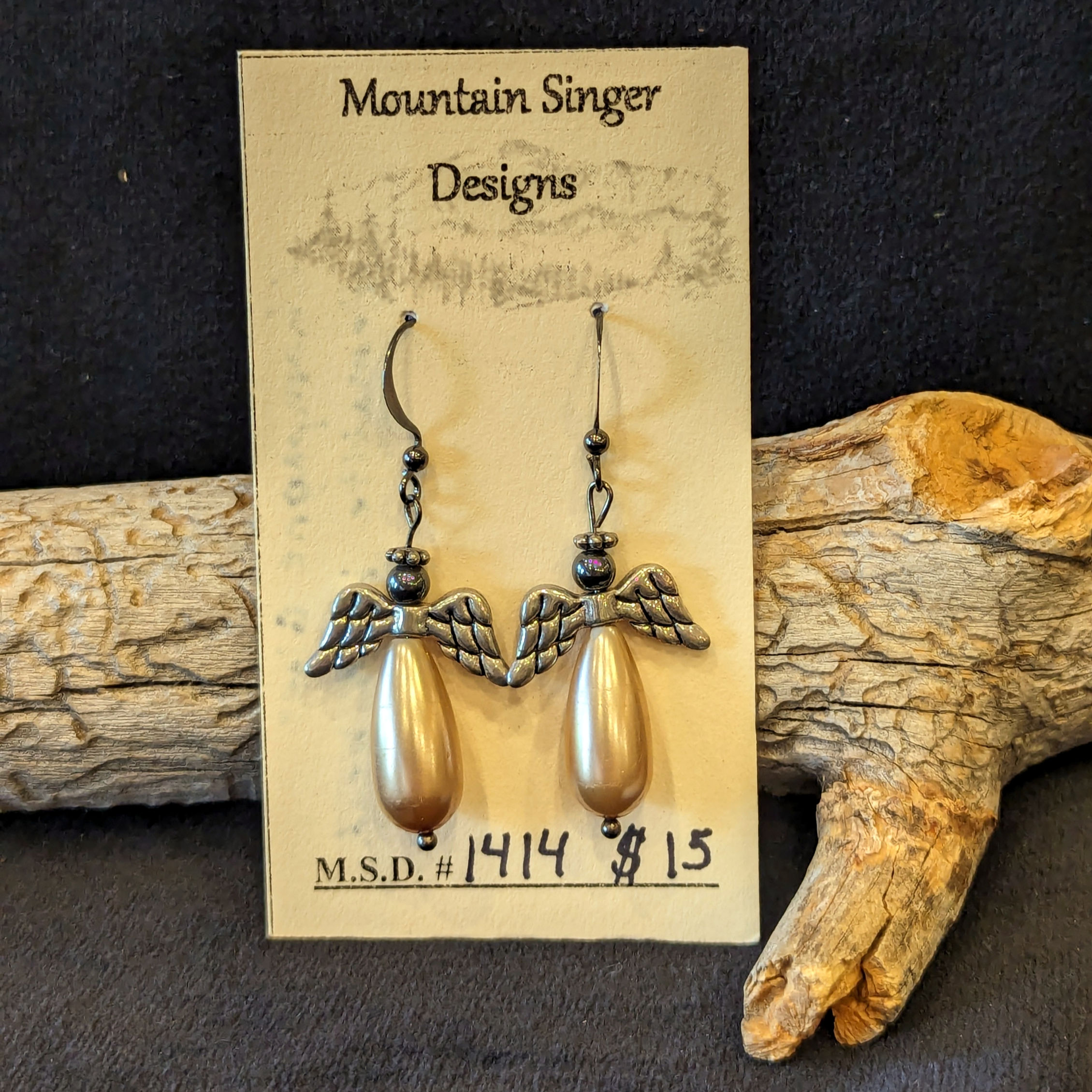 Champagne Pearl Glass Angel Earrings with Silver Wings