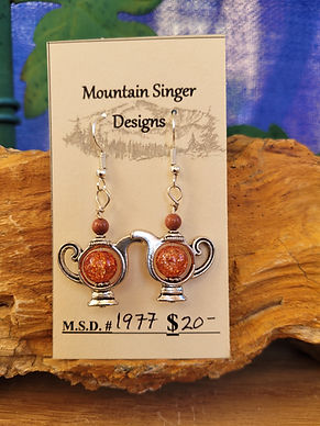 Silver Tea Pot Earrings with Dyed Orange Quartz & Goldstone