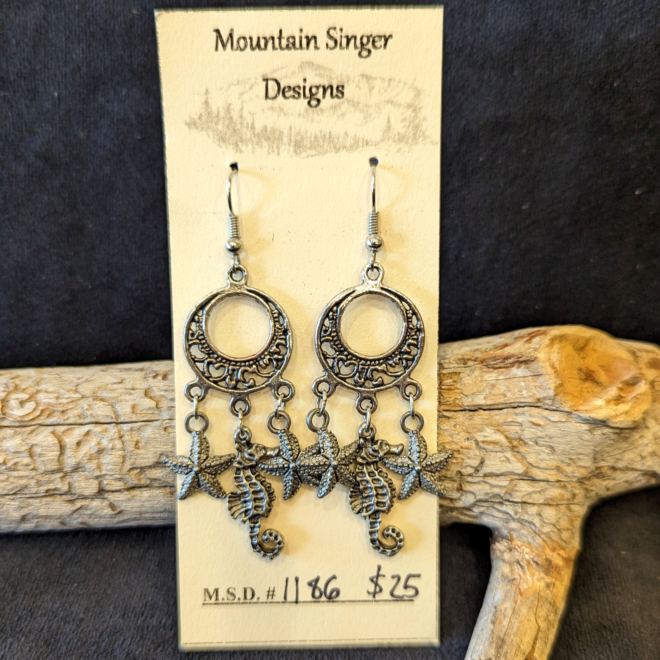 Silver Chandelier Dangle Earrings with Starfish & Seahorses