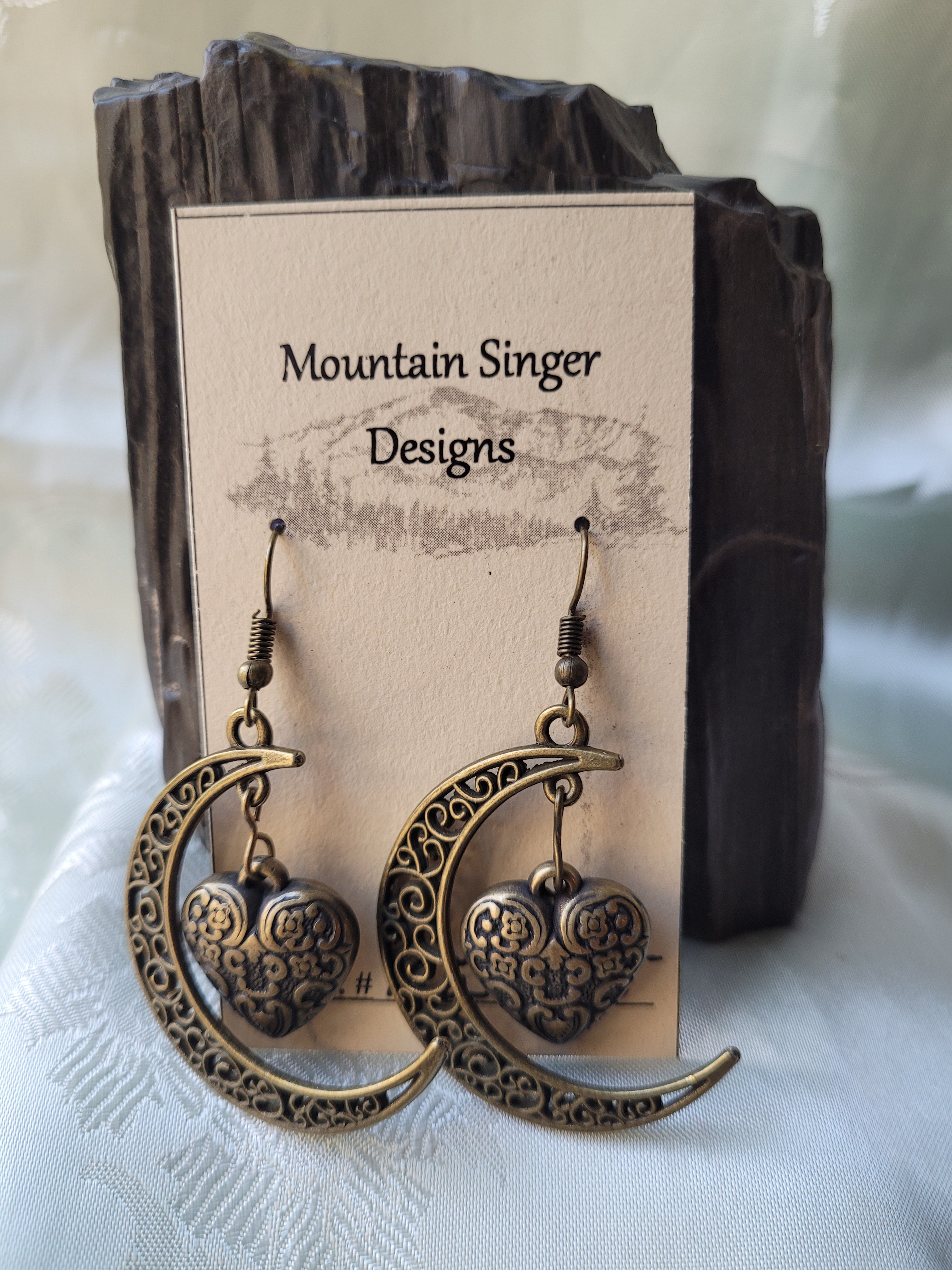 Brass Crescent Moon Earrings with Brass Hearts