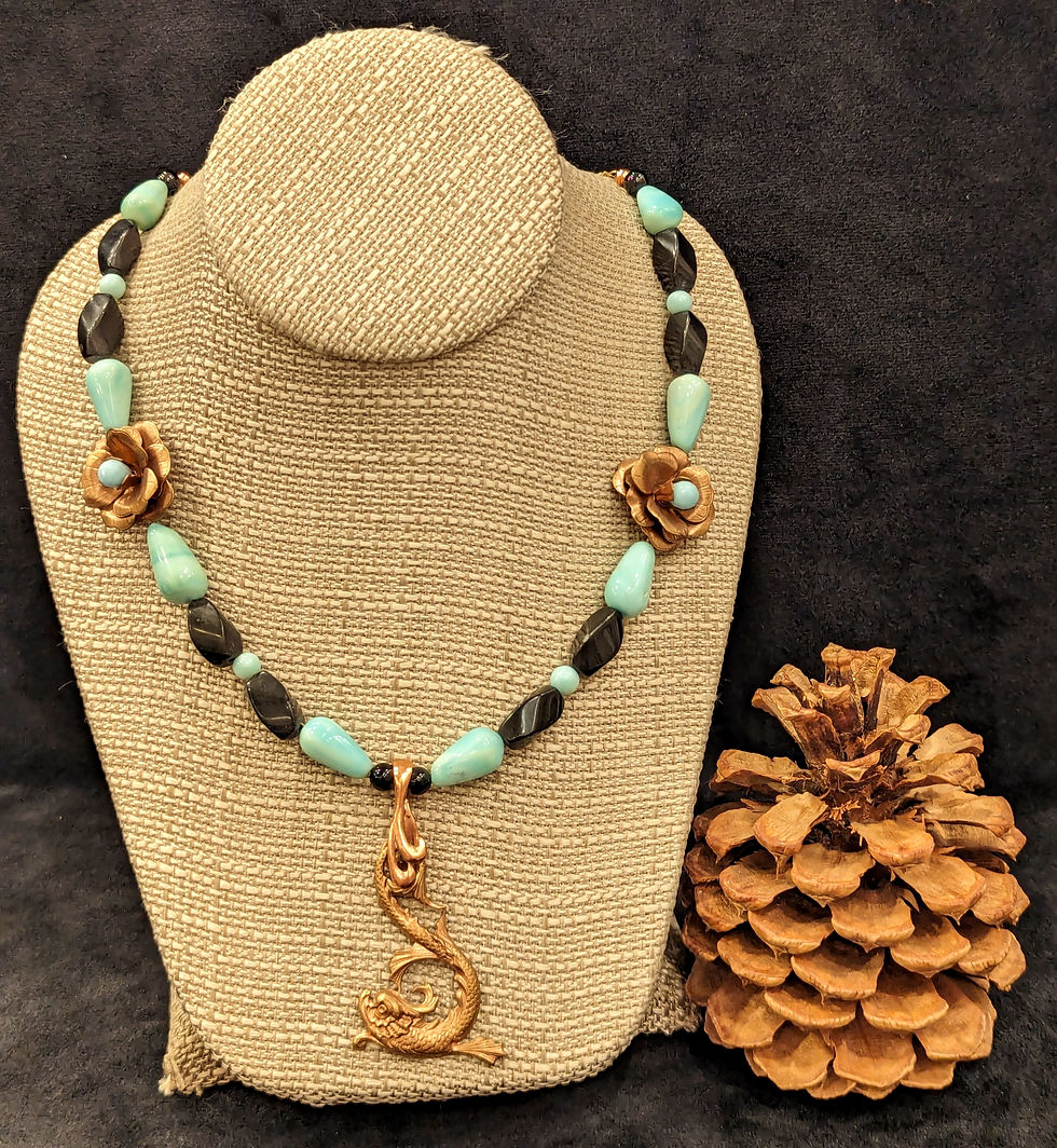 Miniatura: Rose Gold Brass Koi Fish Pendant with Andean Opals & Black Onyx Beaded Necklace