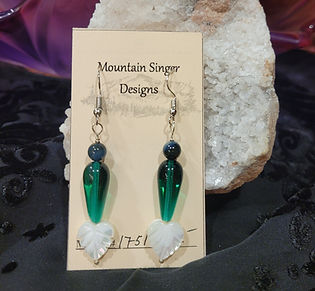 Mother of Pearl White Leaves with Spider Web Obsidian & Green Glass Earrings