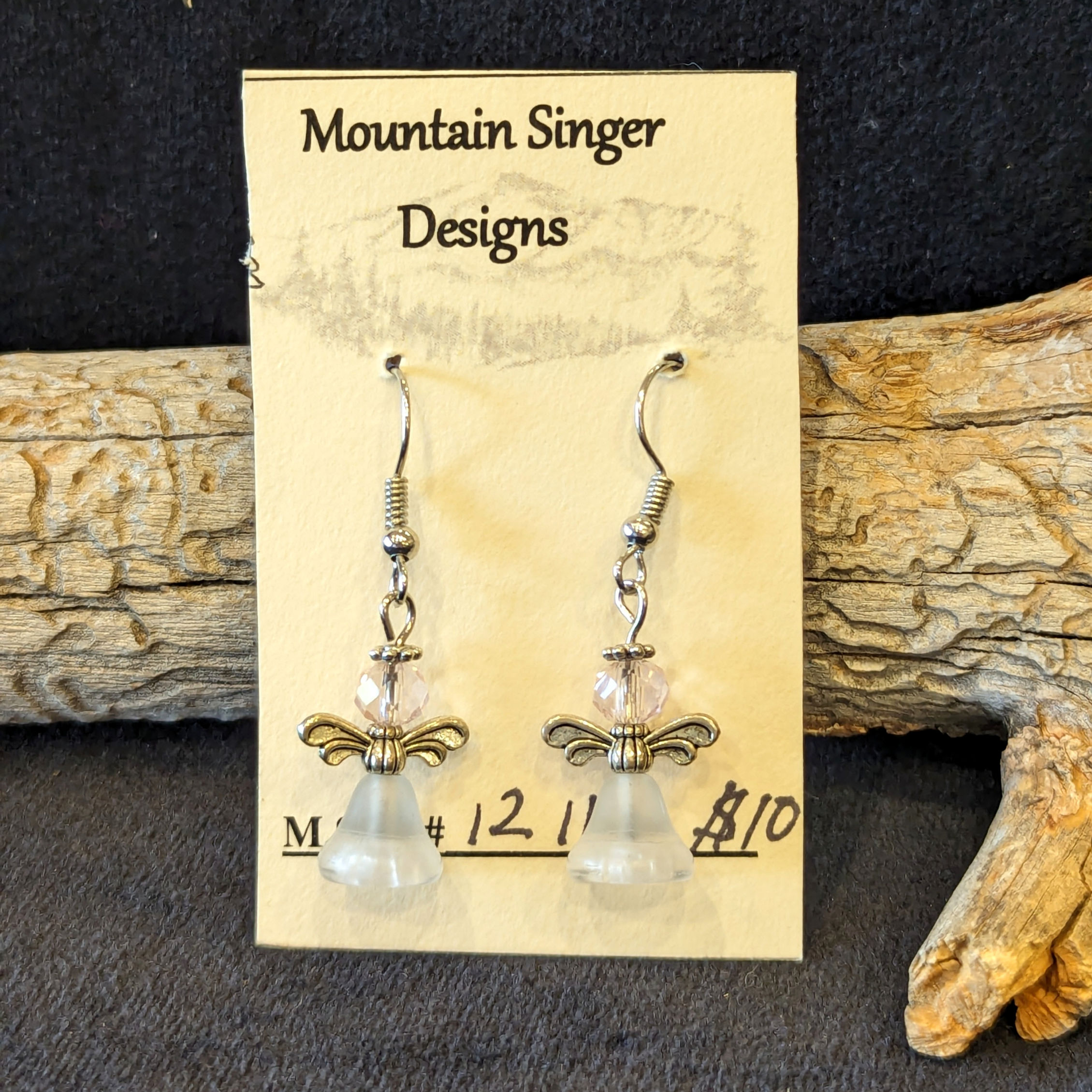 Frosted Light Pink Angel Earrings with Silver Wings