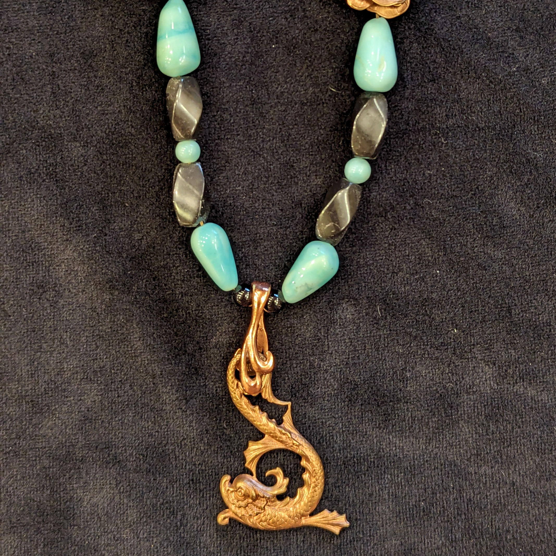 Rose Gold Brass Koi Fish Pendant with Andean Opals & Black Onyx Beaded Necklace