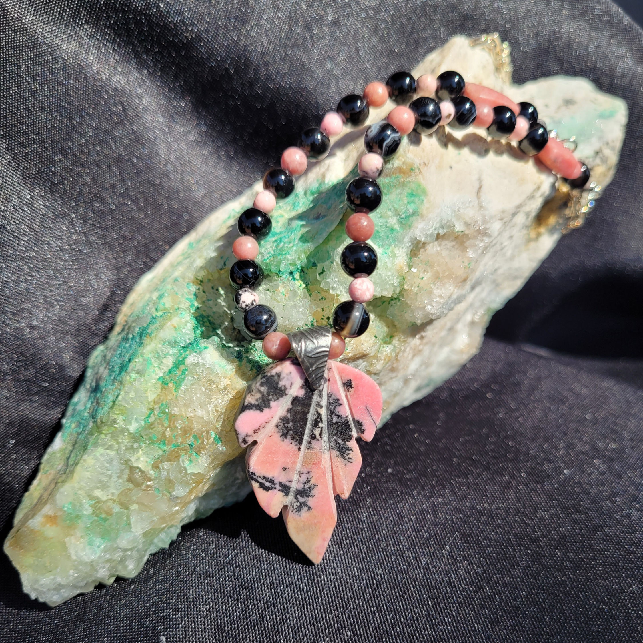 Rhodonite Leaf Necklace with Rhodonite & Black Agate Beads on Silver Chain