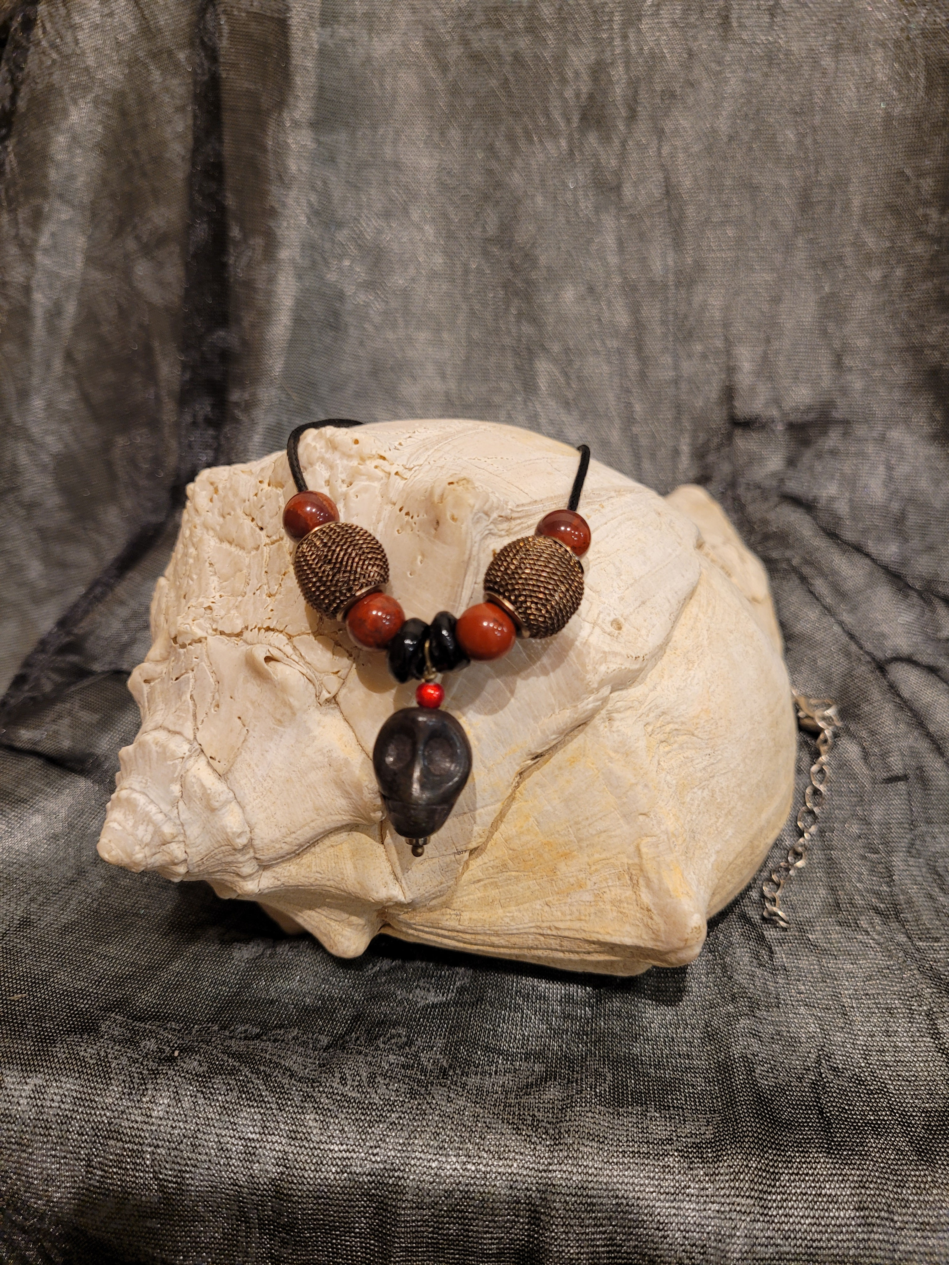Dyed Black Large Skull Necklace with Red Jasper & Copper mesh beads