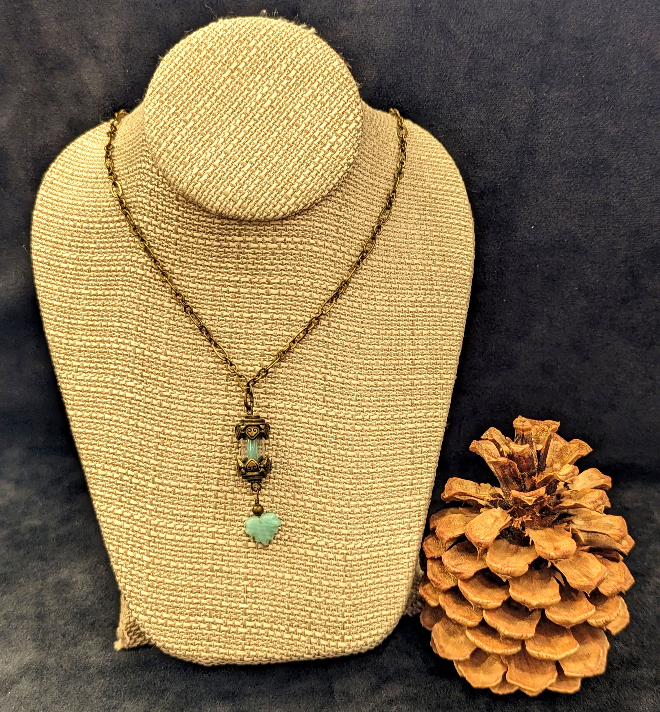 Brass Steampunk Vial Necklace with Mint Green Glass Leaf