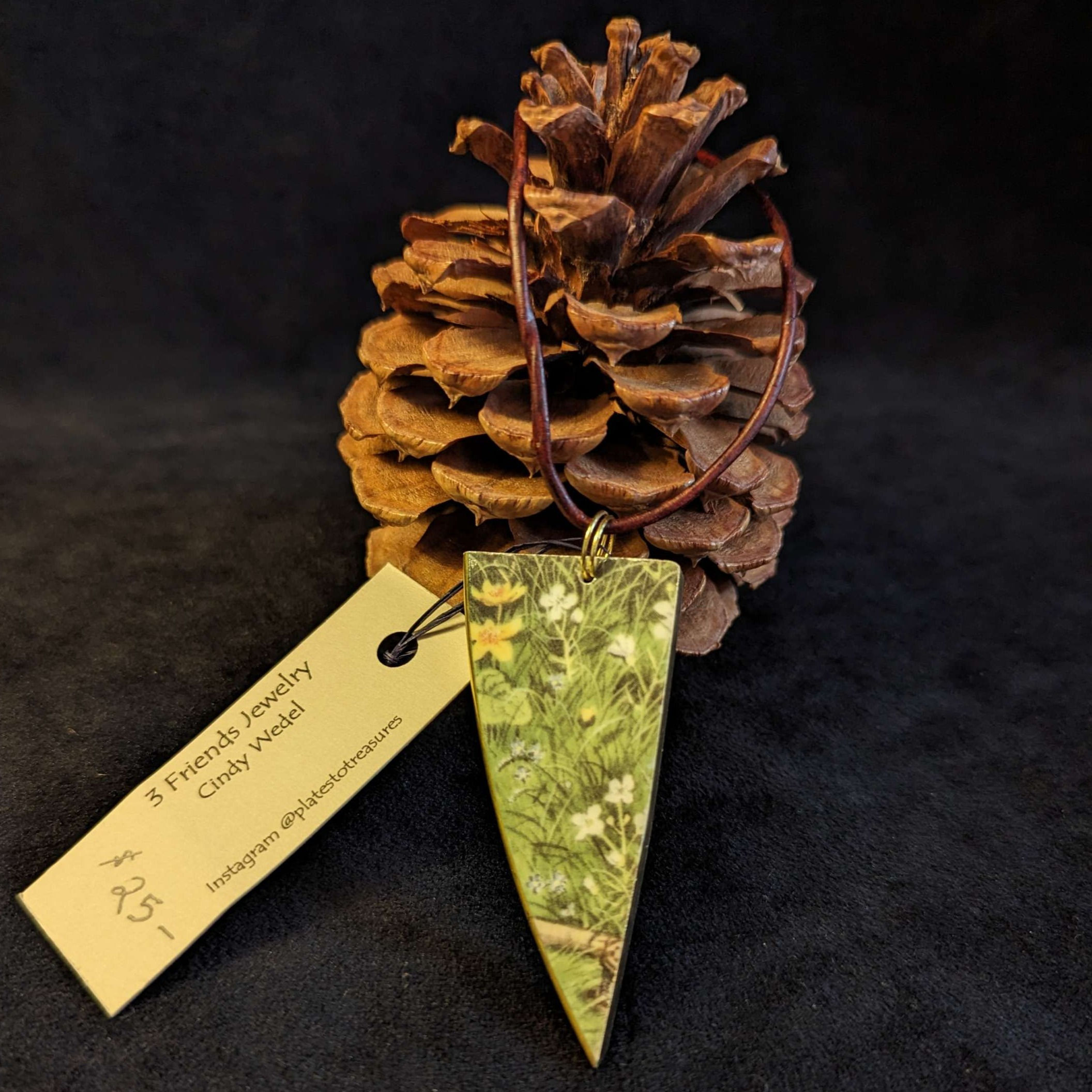 Antique Plate Ornament: Triangle with Green Leaves & Yellow Flowers