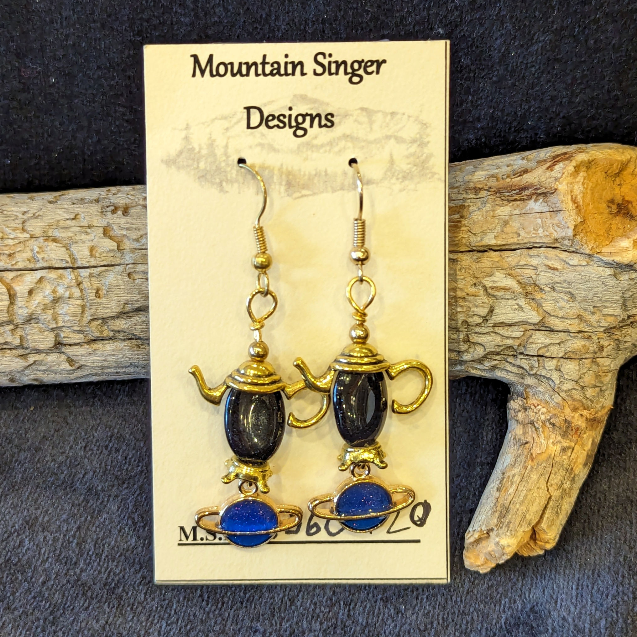 Gold Tea Pot Earrings with Blue Moonstone Beads and Planets