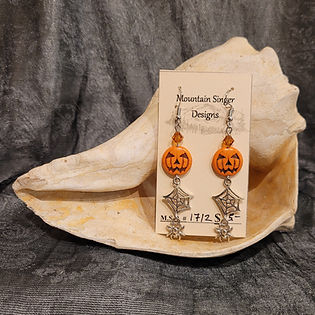 Orange pumpkin Earrings with Silver spiderweb & hanging spider