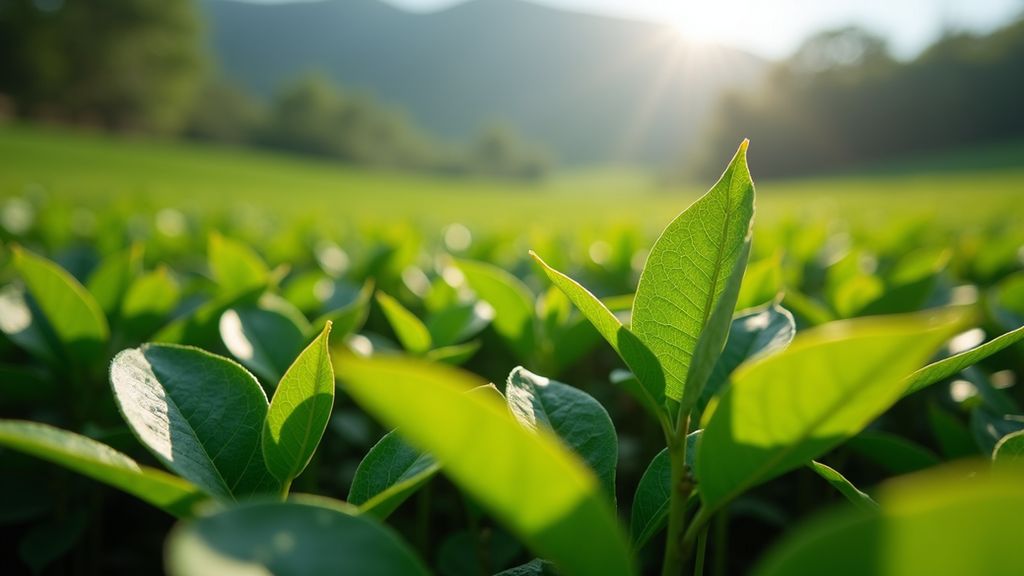 Eye-level view of fresh tea leaves at a tea estate