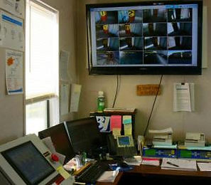 The control room at BHI Shafter, showing the camera screen on the wall.