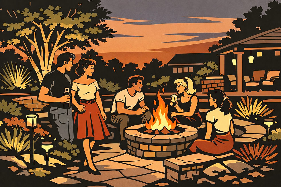 Five people gather around a backyard fire pit at sunset. Two stand chatting, holding drinks; three sit with drinks, enjoying a relaxed evening.
