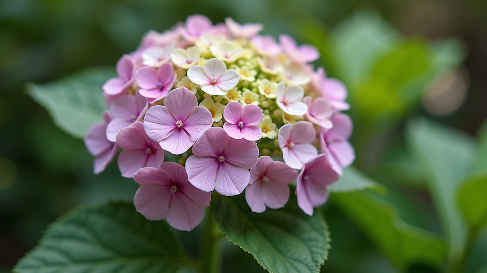 Close-up view of a blooming Bigleaf Hydrangea in a garden