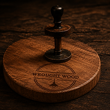 Handcrafted Wrought Wood brand logo on a round wooden base.