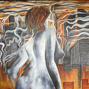 Peinture à l'huile représentant une femme devant un ville qui s'éffondre.