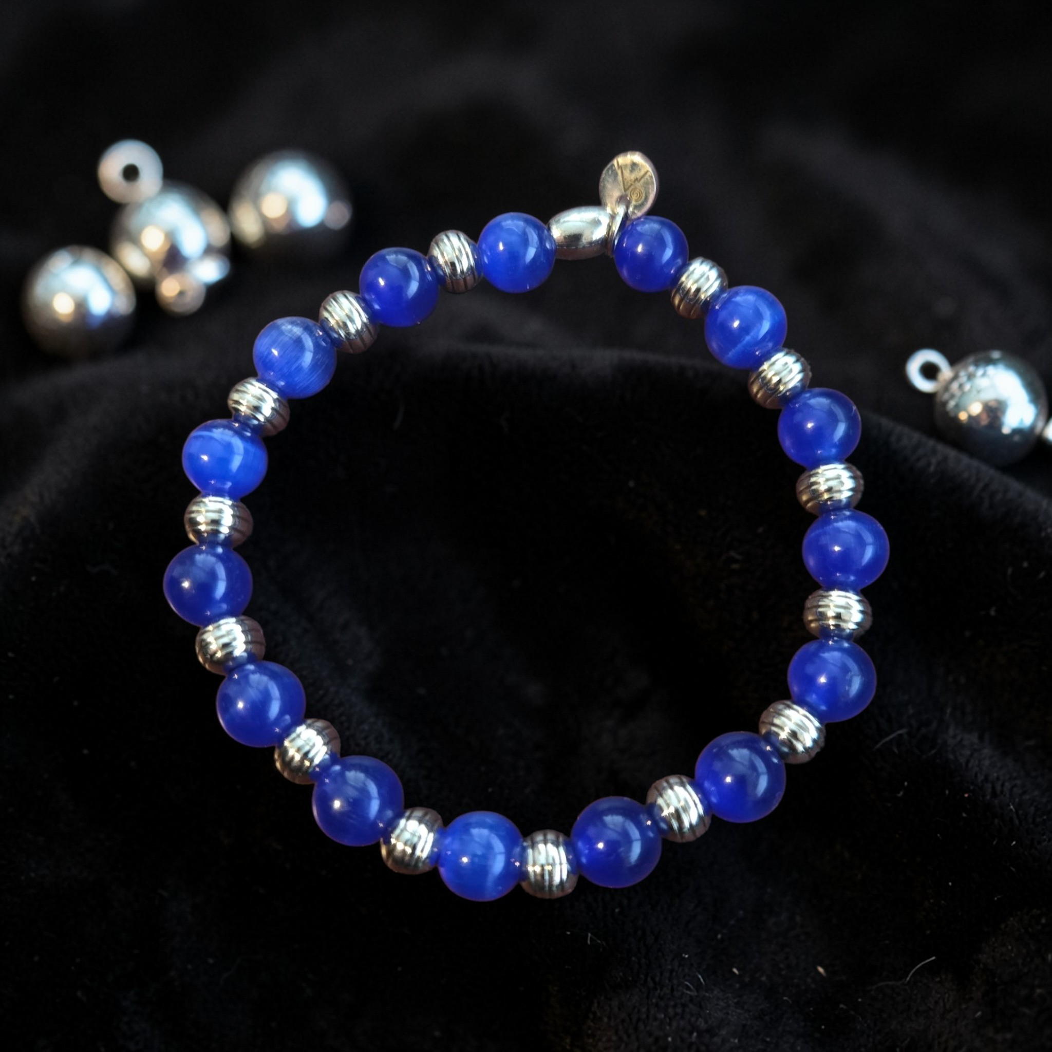Royal Blue Glass Cat Eye and Stainless Bracelet