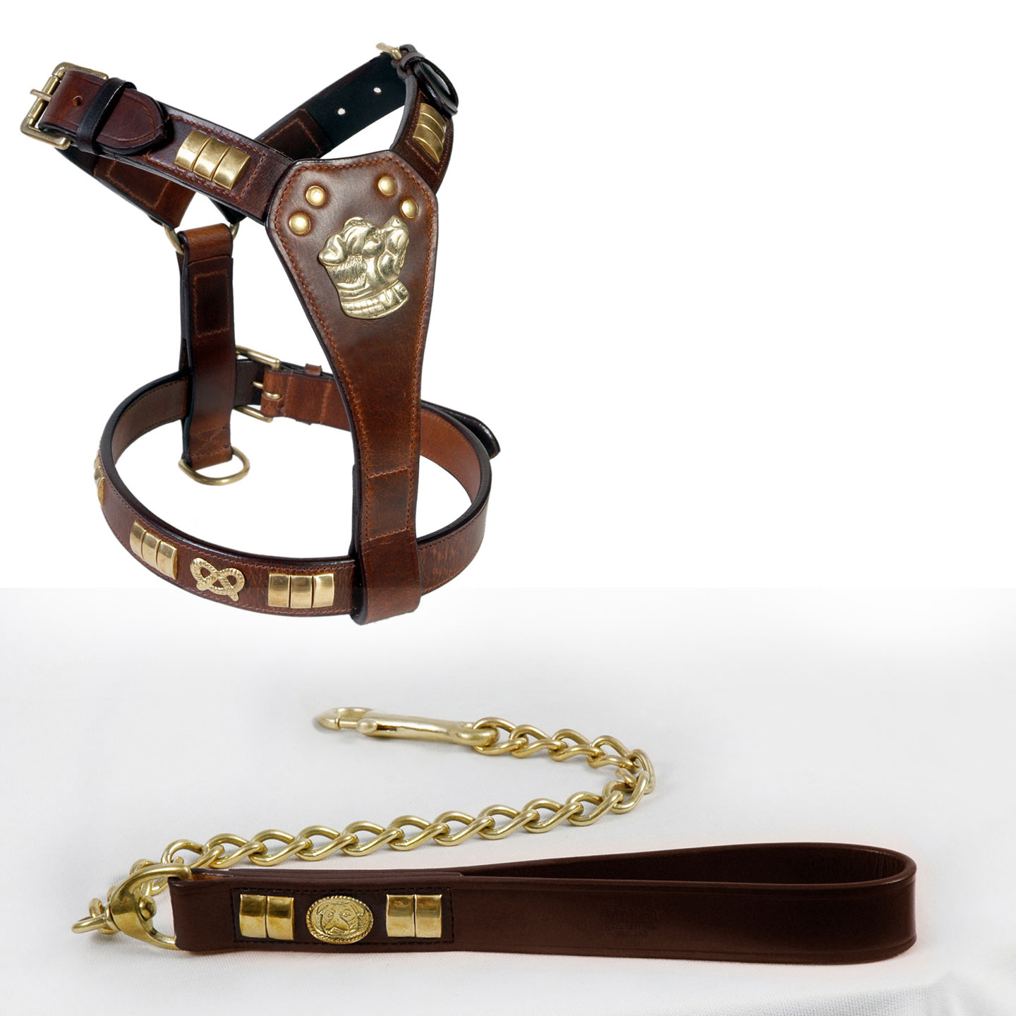 STAFFY LEATHER DOG HARNESS + CHAIN LEAD SET FITTED WITH BRASS HARDWARE