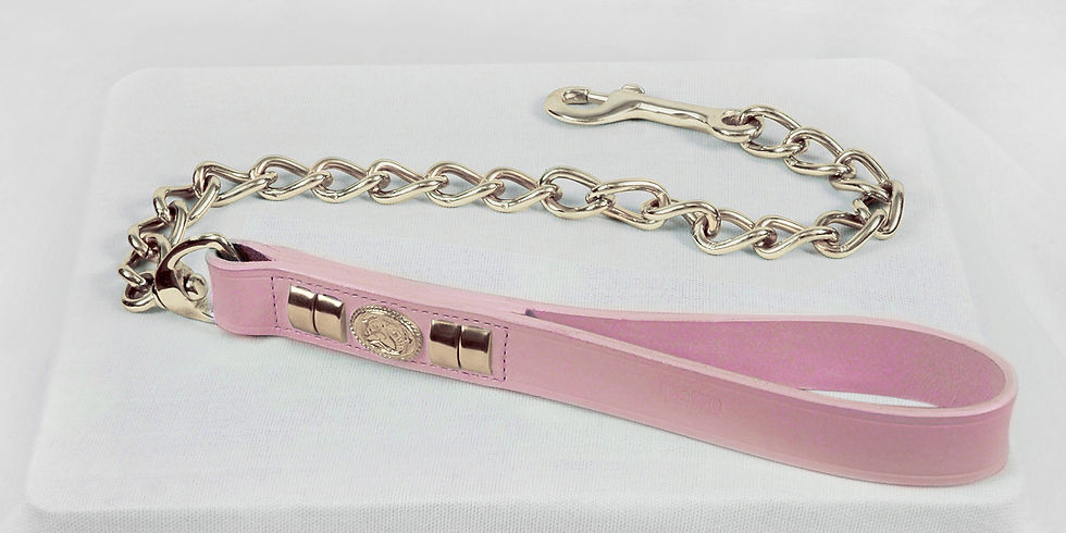 Thumbnail: HEAVY DUTY LEATHER HANDLE DOG CHAIN LEAD WITH SOLID CHROME FITTING IN 6 COLORS