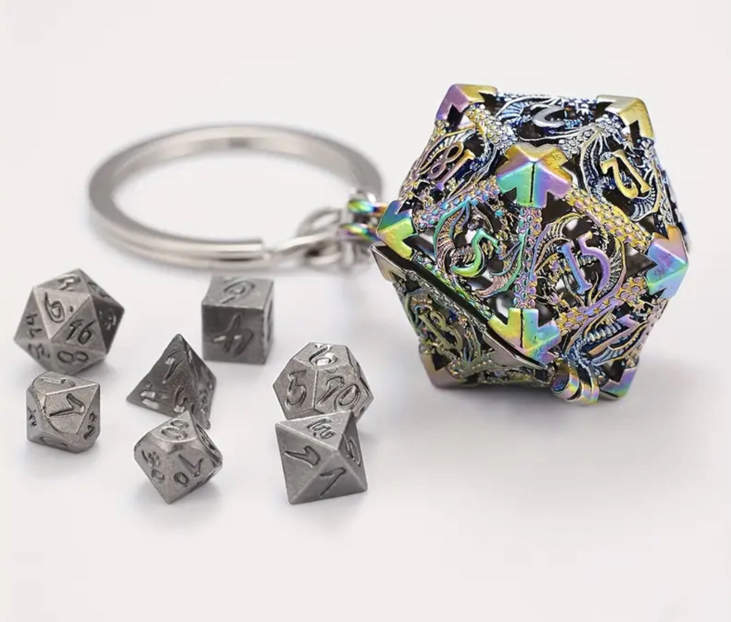 Metal dice keychain with iridescent d20