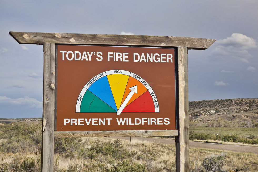 Sign showing fire risk scale, pointing to "very high"