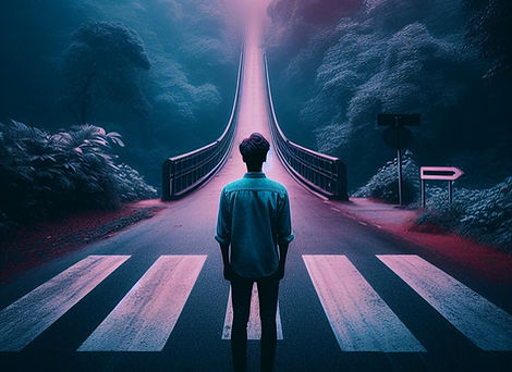 Um homem de costas, em frente a uma entrada, dando a ideia de travessia. As cores predominantes são intensas, azul e roxo.