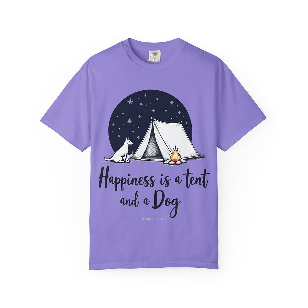 Thumbnail: Summer "Happiness is a tent and a dog" camper Unisex Garment-Dyed T-shirt