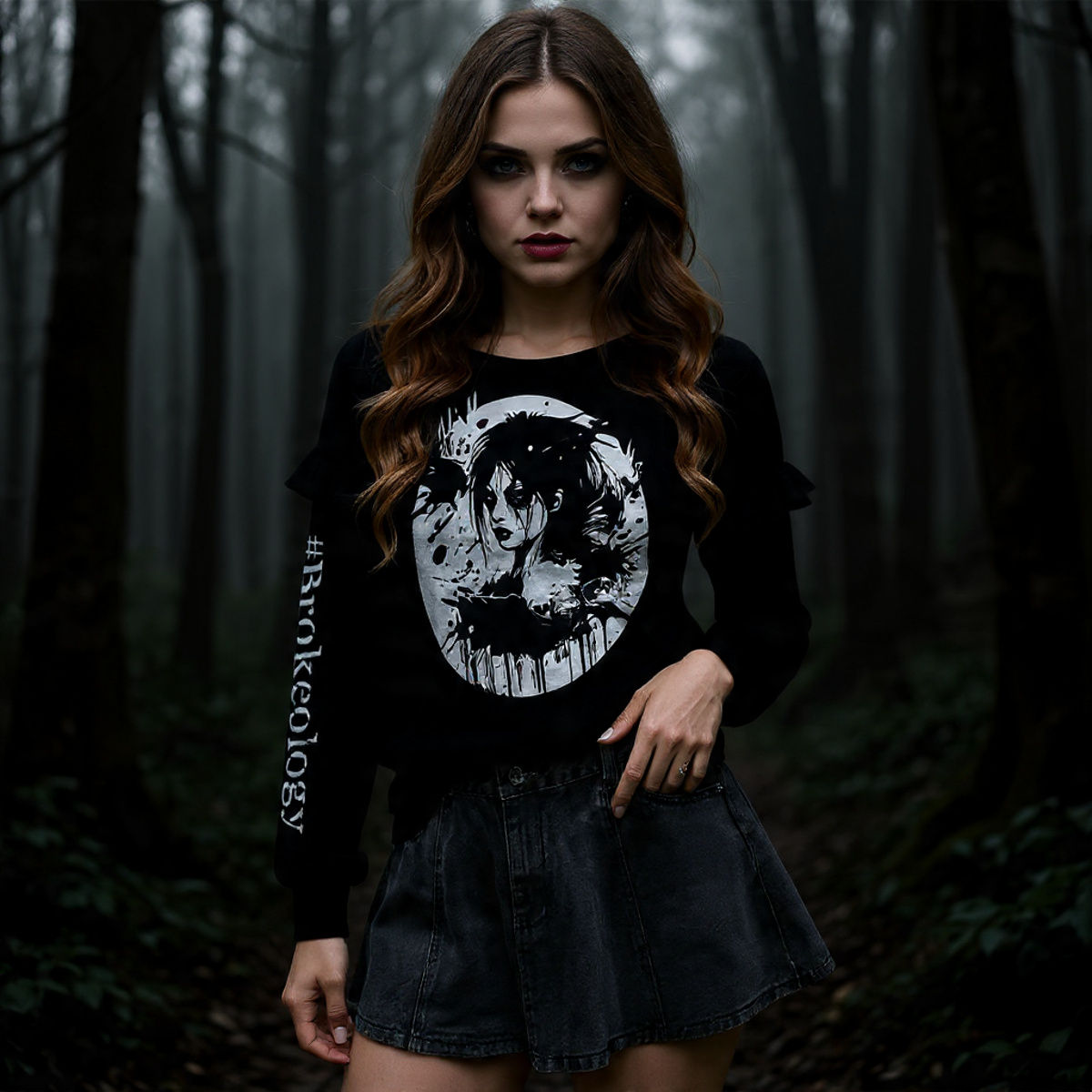 Women's Ruffled Shoulder Sweatshirt goth girl graphic