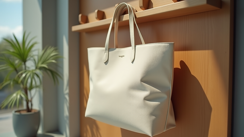 Eye-level view of a branded tote bag hanging on a wooden hook